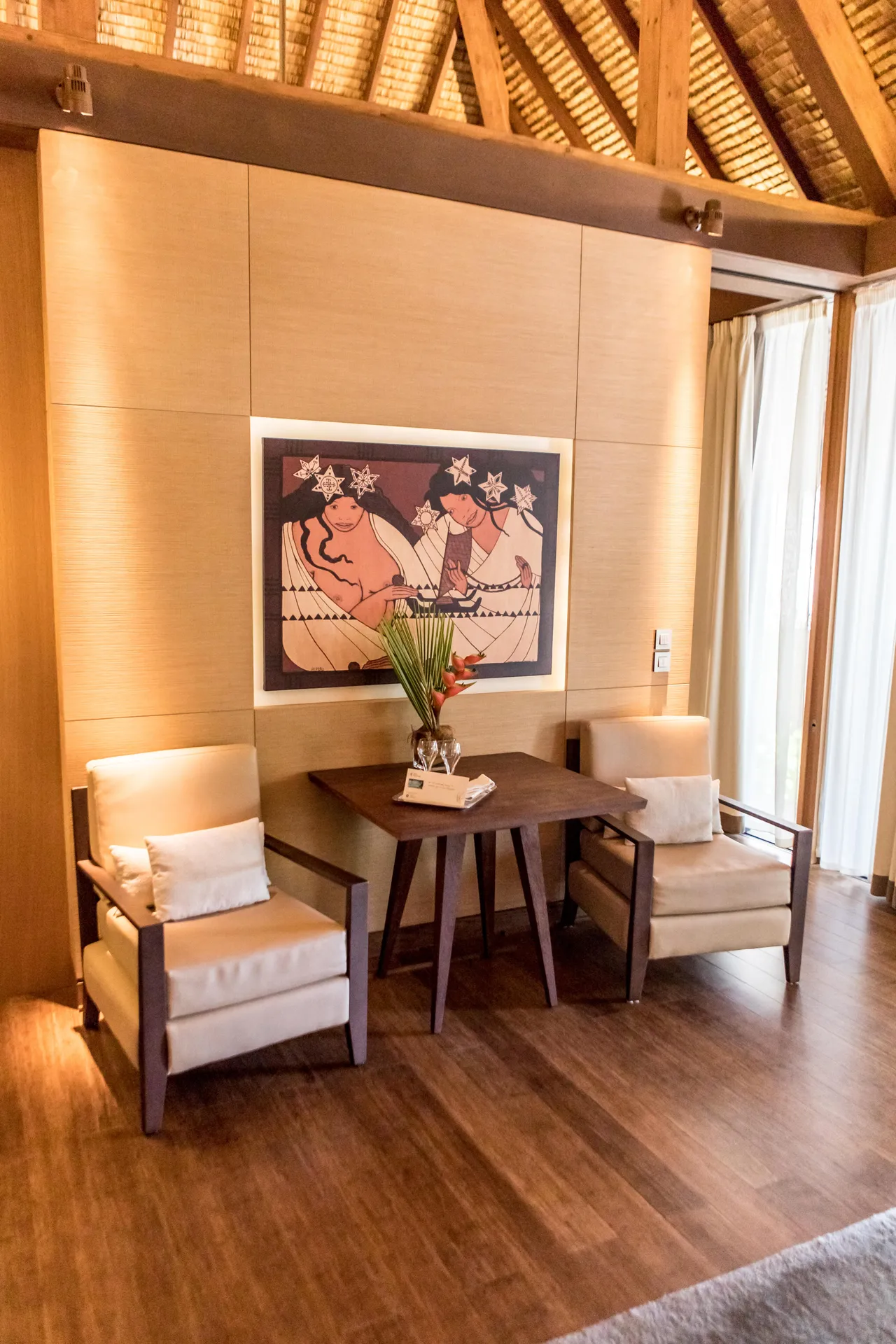 Seating area beneath timber beams