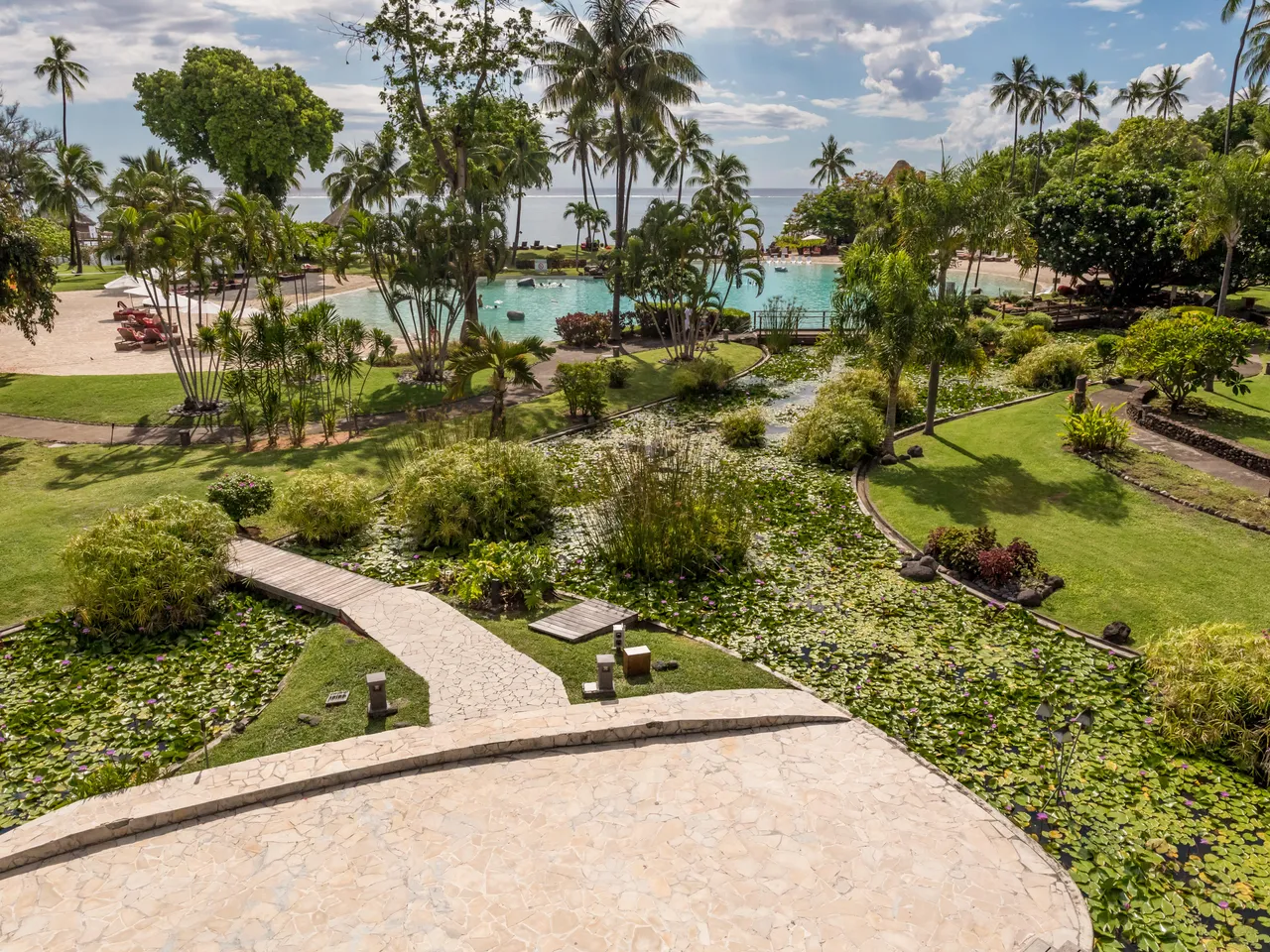 View over landscaped gardens and lagoon